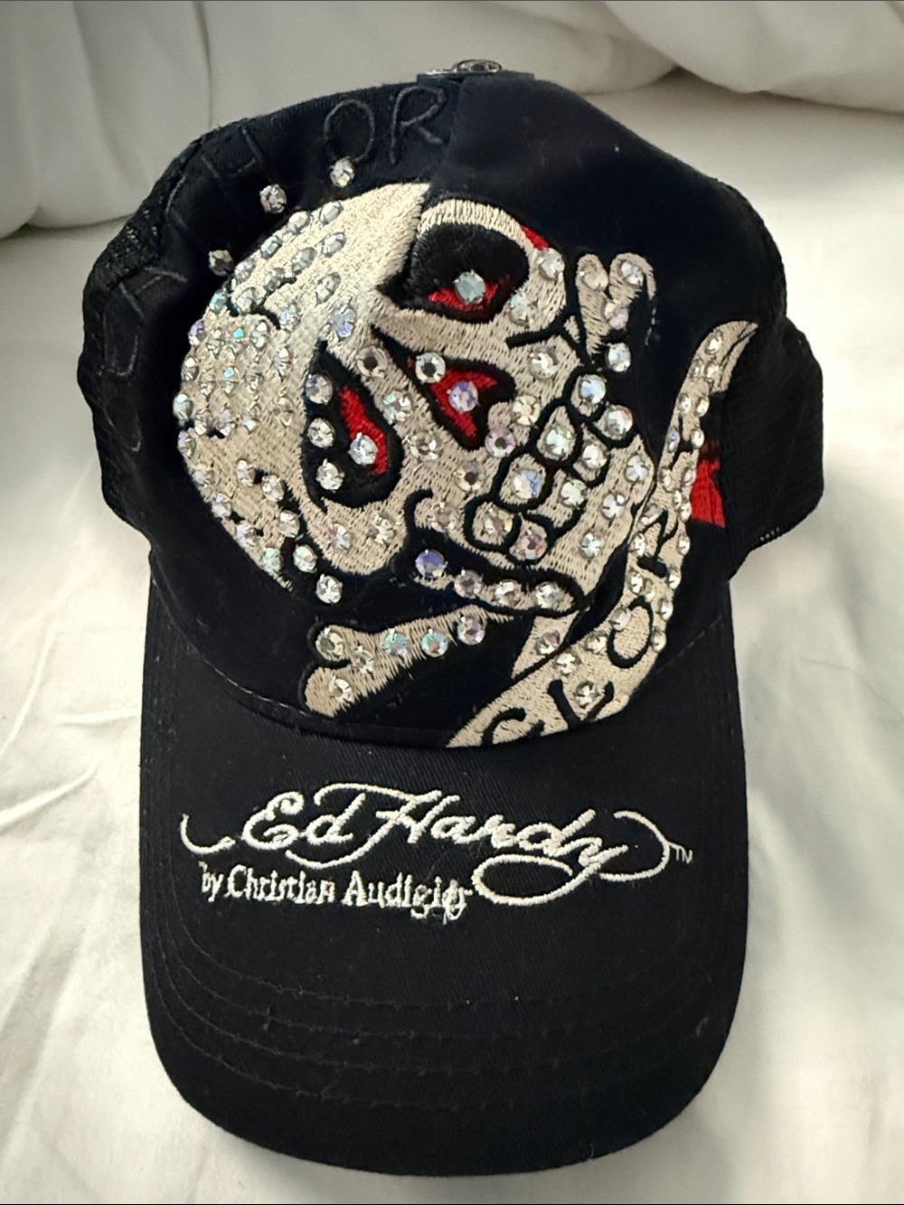 Ed Hardy Black Cap with Silver and Red Embellished Skull